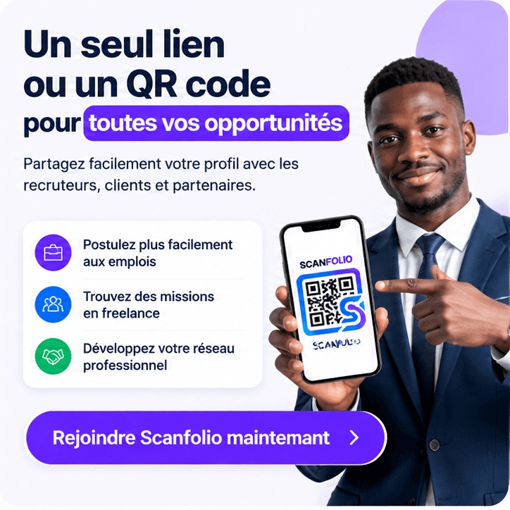 Promotion Scanfolio montrant le partage d'un profil professionnel avec un QR code
